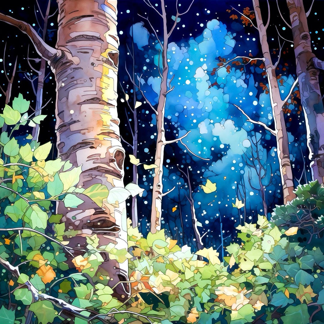 Night Forest Wall Art Print, Watercolor Landscape Poster, Moonlit ...