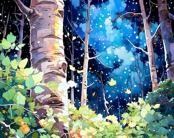 Night Forest Wall Art Print, Watercolor Landscape Poster, Moonlit Woodland Nature Home Decor