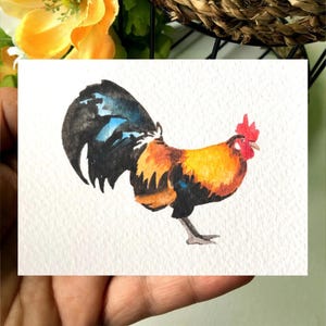 Aceo Original Art, Pintura em aquarela original de galo, Cartão Aceo em miniatura, Minúsculo, Mini Arte, Ideias para presentes, Arte espacial, Arte de animais de fazenda