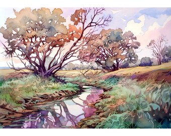 Country River Painting Print Landscape Farmhouse Decor Watercolor Painting Wall Art