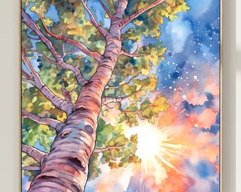 Impresión de acuarela de un árbol al atardecer: pintura de paisaje sereno, arte inspirado en la naturaleza