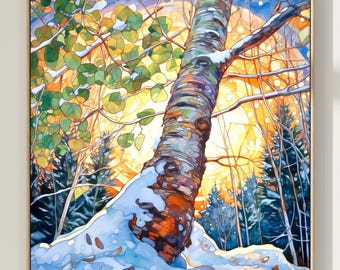 Impresión de acuarela de un árbol al atardecer: pintura de paisaje vibrante, arte natural