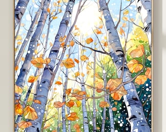 Aspen Forest Art Painting Autumn Aspen Trees Watercolor Art Print Birch Trees Wall Art Decor
