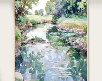 May include: Watercolor painting of a serene river scene. The artwork features a flowing river with reflections of trees and sky. The banks are lined with green foliage and rocks, framed in a light wood. The color palette includes shades of green, blue, and brown.