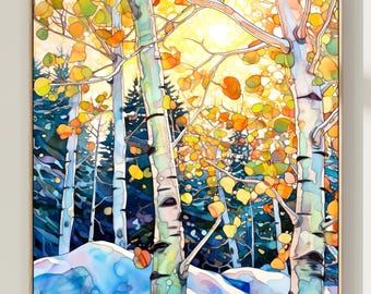 Pintura de acuarela de un árbol al atardecer: Impresión artística de un colorido paisaje forestal