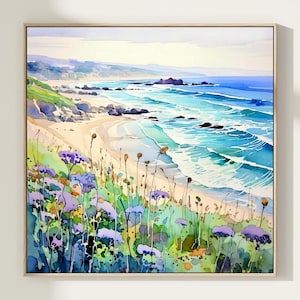 Monterey Bay Watercolor Painting California Coast Art Print Ocean Shore Artwork Wildflowers Landscape Beach House Wall Decor Gift