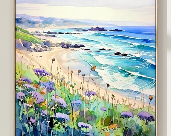 Monterey Bay Watercolor Art Print: California Coast Wildflower Landscape