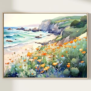 Big Sur print, California Coast Landscape, Californian Poppy Painting, Large Wall Art, Watercolor Art Gift, Travel Poster