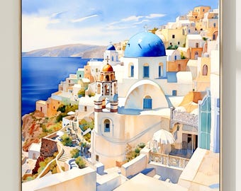 サントリーニ島 水彩画 ギリシャ オリジナル絵画 オーダーメイド 旅行