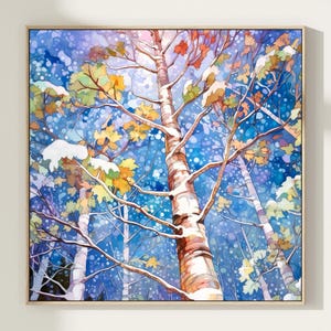 Watercolor Birch Forest Landscape Art Print, Snowy Forest Wall Art, Home Decor Gift Art