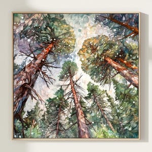 Stampa artistica di pittura ad acquerello di foresta di pini, abeti verdi astratti, stampa di poster di foresta sempreverde verde naturale, regalo