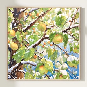 Stampa artistica di un dipinto ad acquerello di un melo sotto la neve, decorazione rustica per la cucina in stile fattoria, arte murale botanica, stampe naturalistiche, mela nella neve