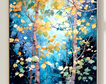 Autumn Forest Night Watercolor Art Print – Dark Woodland Nature Wall Decor