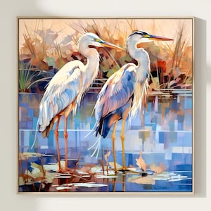 Great Blue Herons Watercolor Painting Art Print, Heron Bird Poster, Home Decor Gift Art