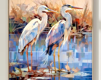 Blue Herons Watercolor Painting Art Print, Heron Bird Poster, Home Decor Gift Art