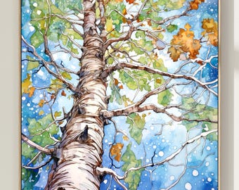 Watercolor Forest Landscape Print, Autumn Tree Wall Art, Rustic Nature Home Decor