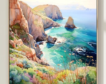 Impression d'art du parc national des îles Channel - Aquarelle de paysage californien, décoration murale côtière
