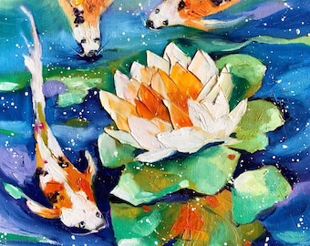 Original oil painting, koi fish art, koi fish artwork, koi fish wall art, koi fish kitchen wall art, koi fish painting, animal lovers