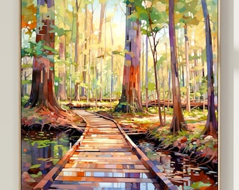 May include: A square wall art print featuring a stylized forest scene with a wooden boardwalk path extending through the center. The composition uses vibrant blocks of green, orange, yellow, and brown to depict tall trees and reflections in water.