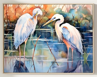Blue Heron Watercolor Art Print, Bird Nature Landscape Home Decor