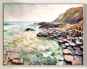 Ireland, Giant&#39;s Causeway Northern Ireland Watercolor Painting Art Print, Landscape Wall Art, Home Décor, Travel Lovers Gift