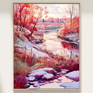 Primeira pintura em aquarela de neve, impressão artística original, paisagem de outono, decoração de parede de rio nevado, presente