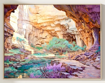 May include: A framed landscape painting depicting a sunlit canyon with towering rock formations in shades of tan and purple. A turquoise stream flows through the center, surrounded by green trees and purple shrubs under a bright sky.