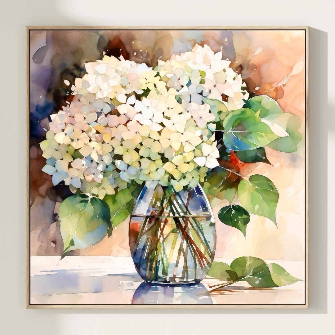 White Hydrangea Watercolor Print Floral Wall Art Vase Painting Neutral ...