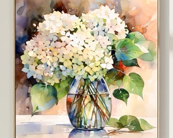 White Hydrangea Watercolor Print Floral Wall Art Vase Painting Neutral Home Decor