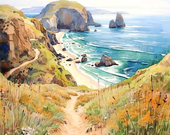 Impression d'art du parc national des îles Channel, décoration murale paysage aquarelle de la côte californienne