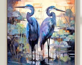 Blue Herons Watercolor Print, Square Bird Art, Nature Decor