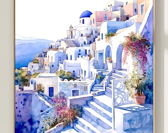 Santorini Watercolor Art Print: Greece Landscape Wall Decor