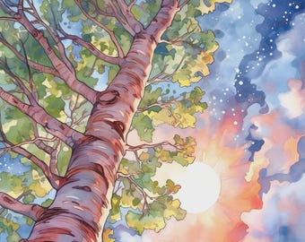 Watercolor Sunset Landscape Print – Colorful Tree Wall Art, Nature Home Decor