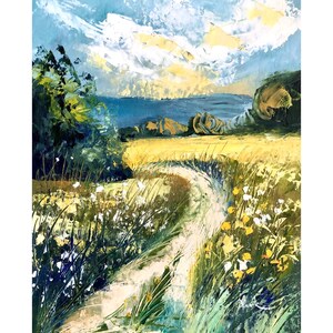 Wiese ORIGINAL Ölgemälde, Cottage Landschaft Malerei, Landschaft Sommer Bauernhaus Wanddekoration, Palettenmesser Malerei Original Art 8x10
