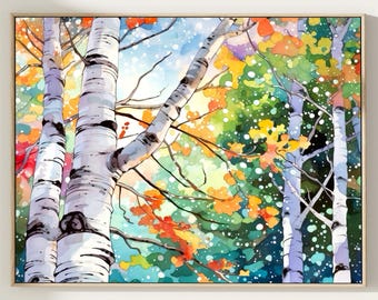 Birch Forest Watercolor Painting – Woodland Wall Art for Home