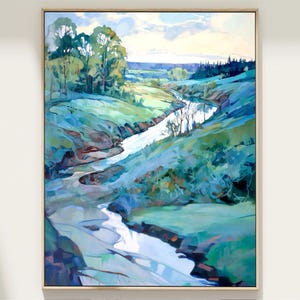 River art print panoramic landscape watercolor painting nature poster green blue wall art abstract art large art print