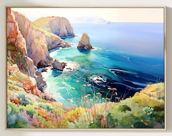 Impression d'art aquarelle du parc national des îles Channel : paysage côtier californien