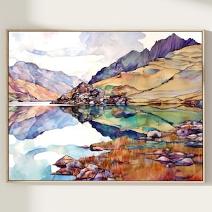 Scotland Print, Travel Wall Art, Loch Morar Lake, Highlands in the British Isles Watecolor Painting, Home Decor Gift Art