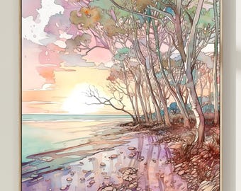 May include: A square wall art print featuring a watercolor landscape of a beach at sunset. Tall, slender trees line the sandy shore, with soft pink, orange, and teal hues reflecting on the water and wet sand under a bright, glowing sun.