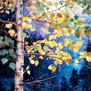 Nachtwald Kunstdruck, Dunkler Wald Wandkunst, Himmlische Landschaft, Aquarell Wald Malerei, Wohnkultur Geschenk Kunst Poster