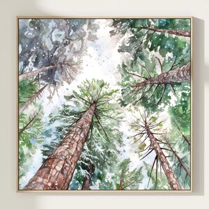 Stampa artistica di pittura ad acquerello di foresta di pini, abeti verdi astratti, stampa di poster di foresta sempreverde verde naturale, regalo