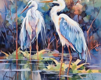 Blue Heron Watercolor Art Print, Coastal Bird Wall Decor, Nature Painting Poster, Modern Gift