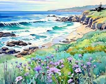 Monterey Bay Watercolor Art Print California Coast Wildflower Landscape Coastal Nature Wall Decor Poster