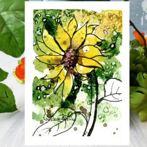 Aceo Original Art, Pintura em aquarela original de girassol, Cartão Aceo em miniatura, Minúsculo, Mini Arte, Ideias para presentes, Arte espacial, Floral Botânico