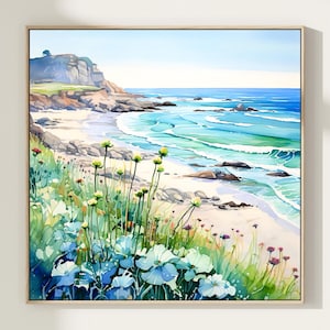 Dipinto ad acquerello della baia di Monterey, stampa artistica della costa della California, opera d'arte sulla riva dell'oceano, fiori selvatici, paesaggio, casa sulla spiaggia, decorazione da parete, regalo