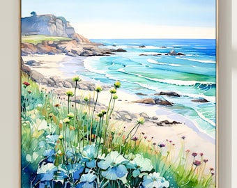Monterey Bay Watercolor Art Print: California Coast Wildflower Landscape