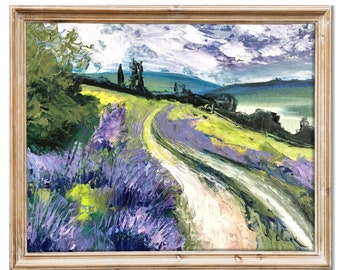 Campo de lavanda pintado a mano pintura al óleo original del país francés, arte rústico de la granja, arte de la pared del paisaje, pintura del cuchillo de paleta