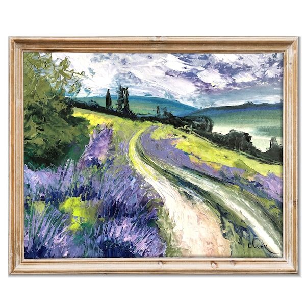 Dipinto a mano campo di lavanda paese francese pittura a olio ORIGINALE, arte rustica della fattoria, arte della parete del paesaggio, pittura con spatola
