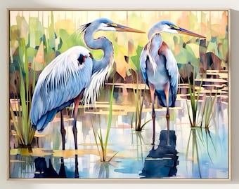 Blue Heron Watercolor Art Print, Coastal Bird Wall Decor, Modern Nature Home Art Gift