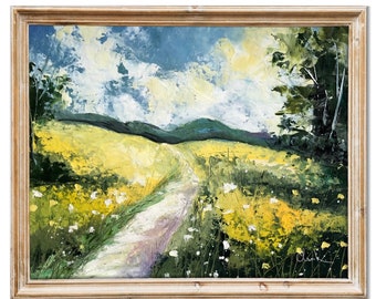 Pittura a olio ORIGINALE, pittura di paesaggio cottage, decorazione della parete della fattoria estiva di campagna del prato, pittura con spatola arte originale 8x10